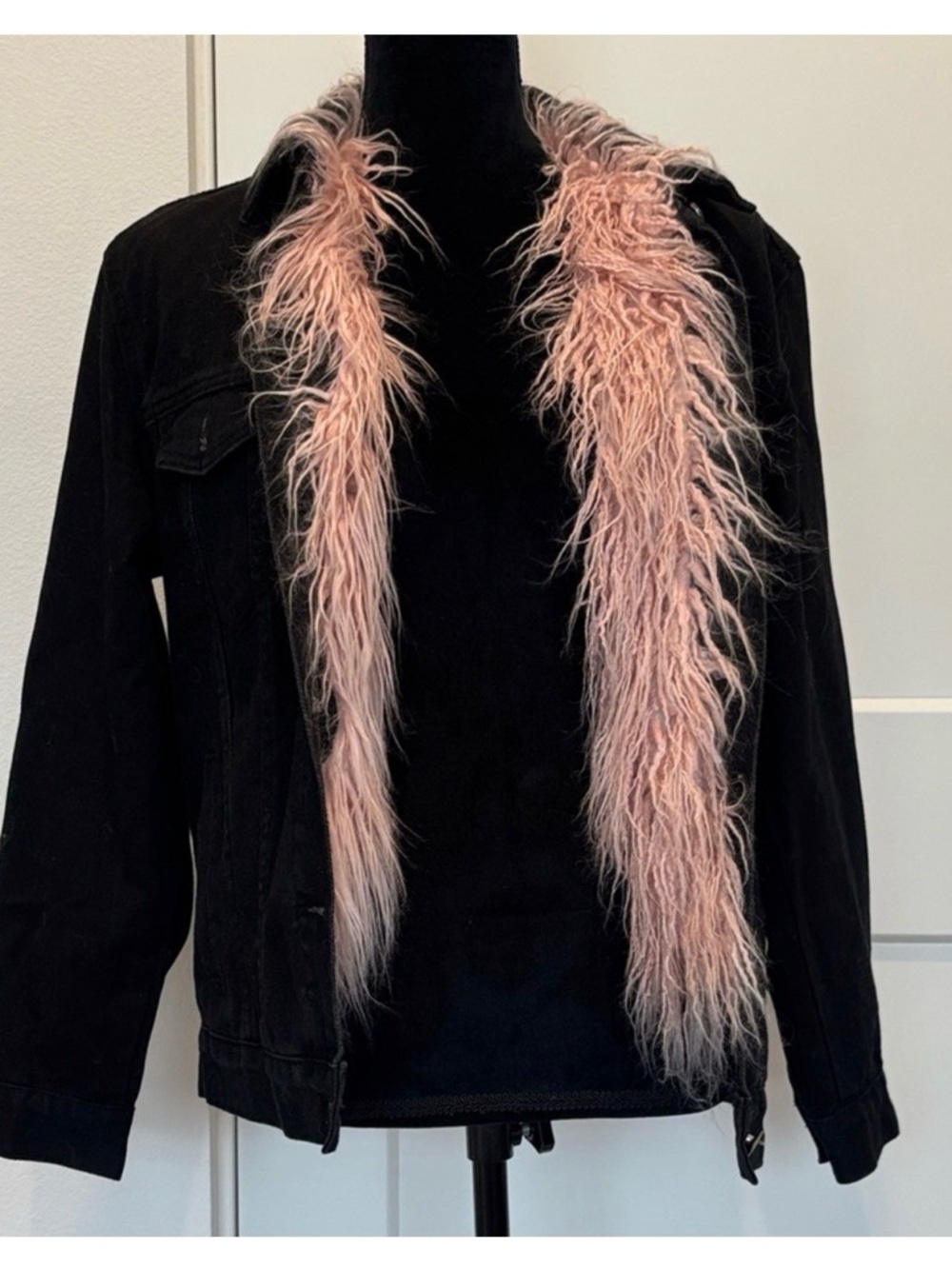 Black Jean Jacket with Pink Faux-Fur Trim